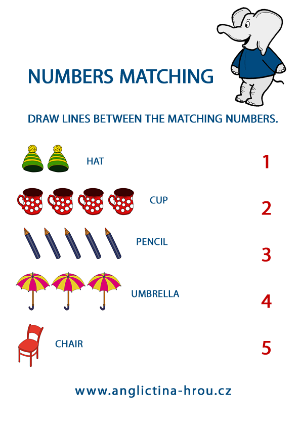 pracovní listy z angličtiny pro děti - základní čísla - Numbers Matching